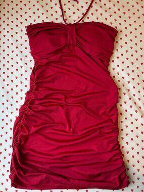 Wet Seal Red Ruched Mini Halter Dress (Size XS)